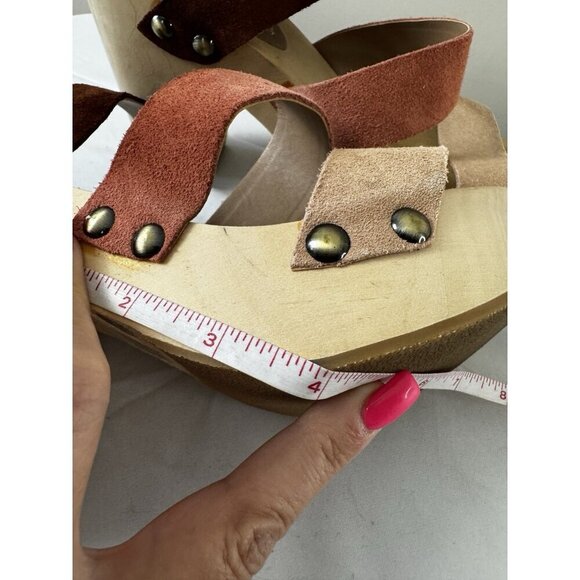 Retro Boho Chunky Platform Suede Leather 9.5 Sandals Pink Brown Wooden Heel - Picture 15 of 16